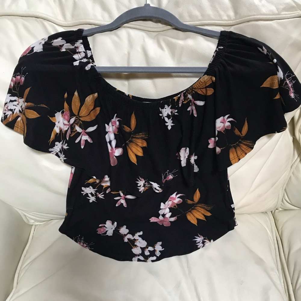 Black floral top with ruffle